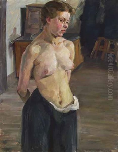 Stehender Halbakt Eines Bauernmadchens In Einer Stube Oil Painting by Walter Georgi