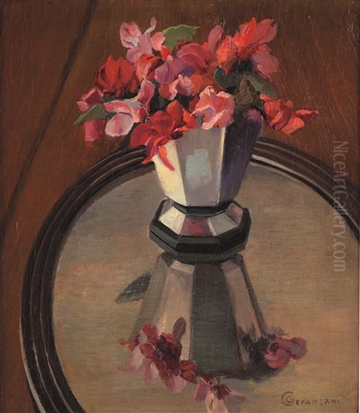 Vaso Di Ciclamini Su Vassoio D'argento Oil Painting by Cornelio Geranzani