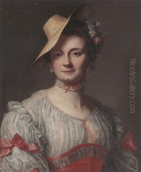 Portrait Of A Lady In A White And Pink Dress, Wearing A Pearl Necklace And A Straw Hat Oil Painting by Francois Pascal Simon Gerard