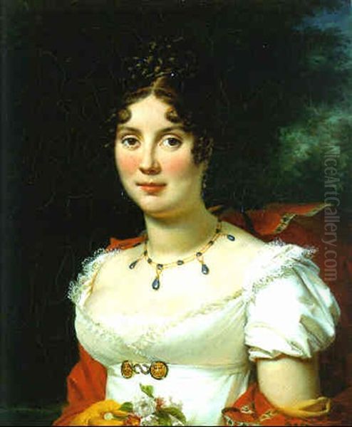 Portrait Of A Lady Holding A Posy Of Flowers Before A Landscape Oil Painting by Francois Pascal Simon Gerard
