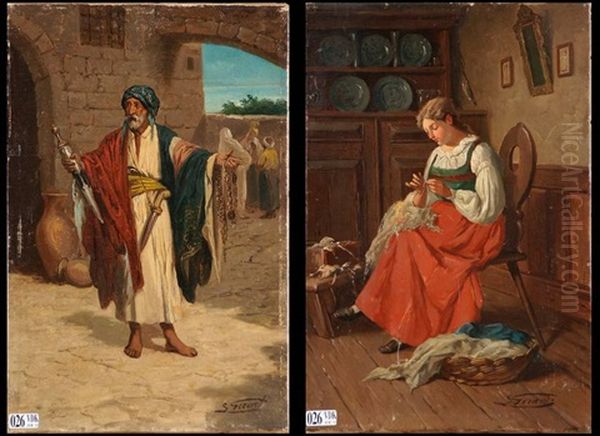 Le Marchand Ambulant Dans Les Souks Et Jeune Fille A La Couture (2 Works) Oil Painting by Lucien Gerard