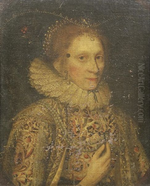 Portrait Of A Lady, Bust-length, In An Elaborately Embroidered Dress And A Bejewelled Head Dress, Holding A Double Strand Of Pearls Oil Painting by Marcus Gerards the Younger