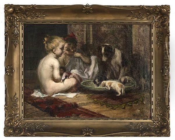 Play Time With Puppies Oil Painting by Imre Gergely