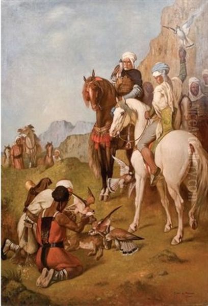 La Chasse Au Faucon En Algerie, La Curee (after Eugene Fromentin) Oil Painting by Eugene Gerin