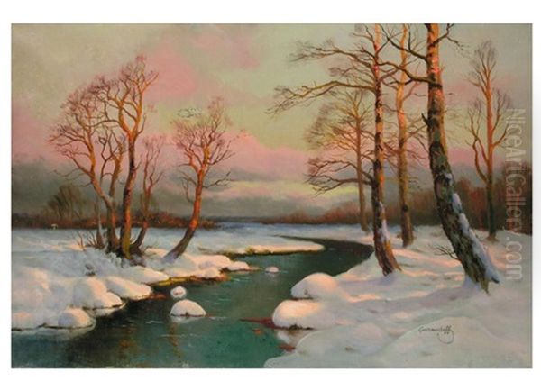 Winterliche Flusslandschaft Oil Painting by Mikhail Markianovich Germanshev