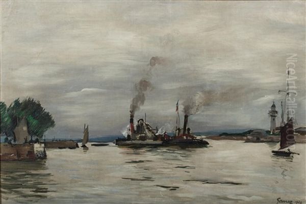 Bateau A Vapeur Dans Le Port De Honfleur Oil Painting by Paul Elie Gernez