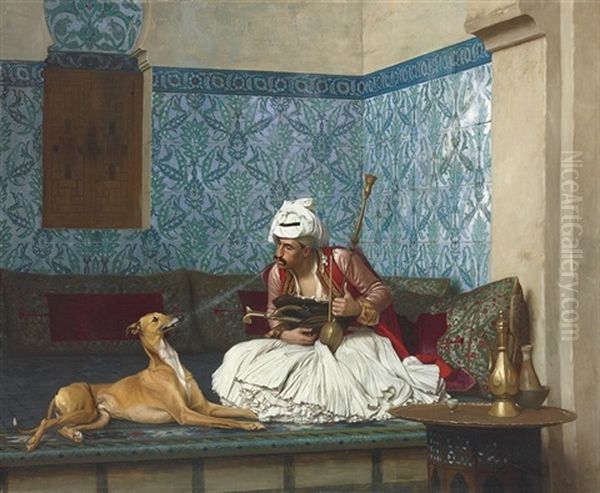Une Plaisanterie, Arnaute Fumant Au Nez D'un Chien, Un Levrier Qui N'aime Pas Le Tabac Oil Painting by Jean-Leon Gerome