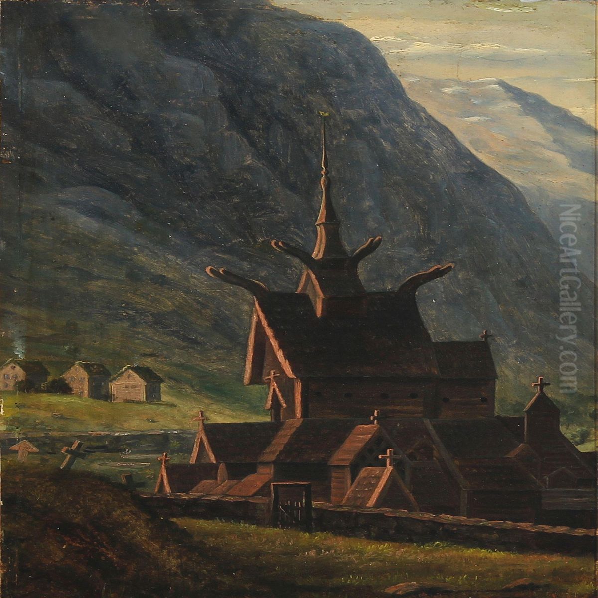 Borgund Church In Laerdal, Norway Oil Painting by Knud (Andreassen) Baade