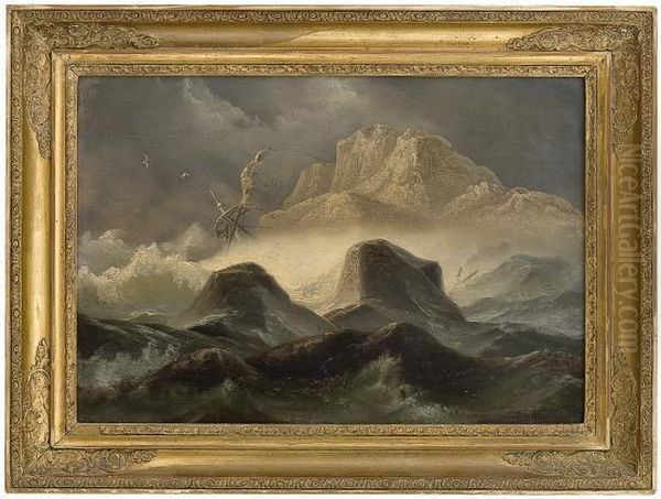 Storm By The Norwegian Coast Oil Painting by Knud (Andreassen) Baade