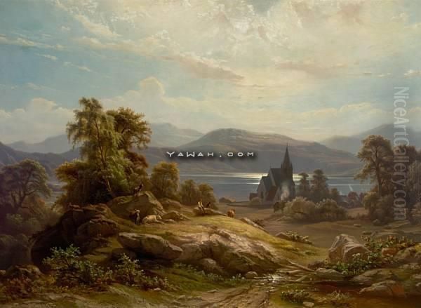 Fra Veoy Med Middelalder Kirken I Midten Oil Painting by Knud (Andreassen) Baade