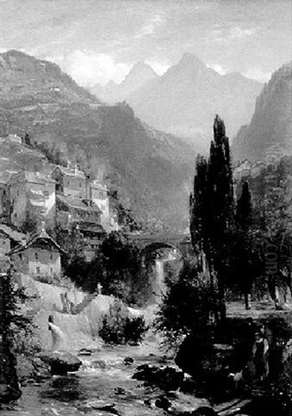 Alpine Village Overlooking A River Oil Painting by Samuel Lancaster Gerry