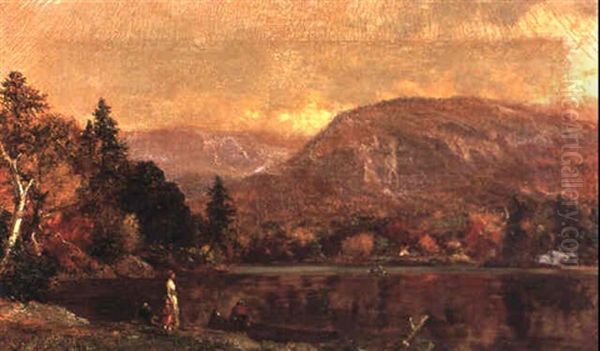 A Lake In Autumn With Figures On The Shore Oil Painting by Samuel Lancaster Gerry
