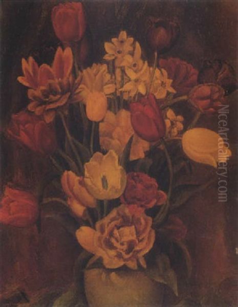 A Still Life With Tulips And Daffodils Oil Painting by Leo Gestel