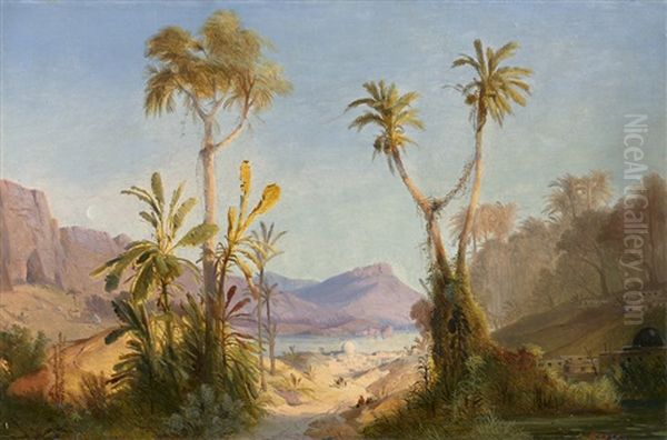 Orientalische Landschaft Mit Blick Auf Eine Stadt Am See. Oil Painting by Geyer, Alexius