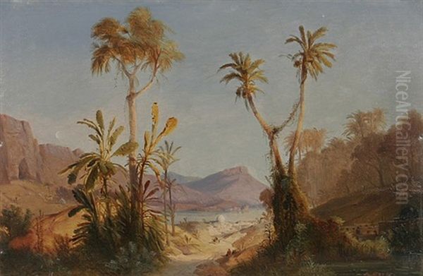 Blick Durch Palmen Auf Eine Am Meer Gelegene Orientalische Stadt Oil Painting by Geyer, Alexius