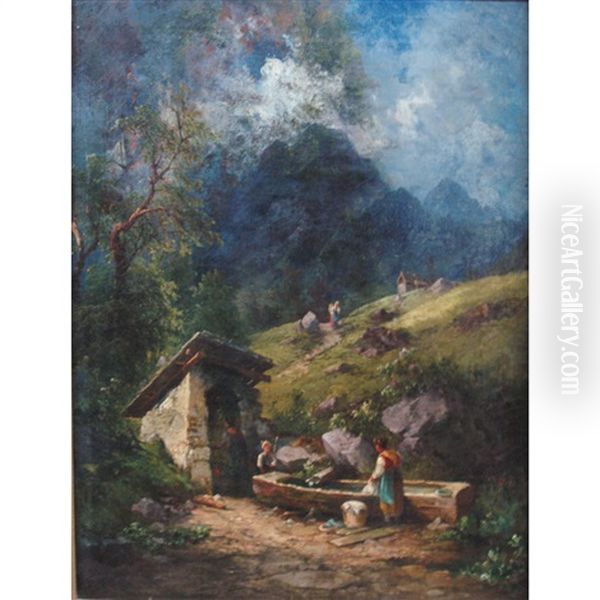 A Day's Wash (+ Resting By The Roadside; 2 Works) Oil Painting by Georg Geyer