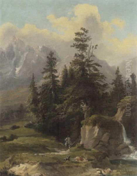 Jager Und Hund Bei Dem Erlegten Hirsch Oil Painting by Georg Geyer