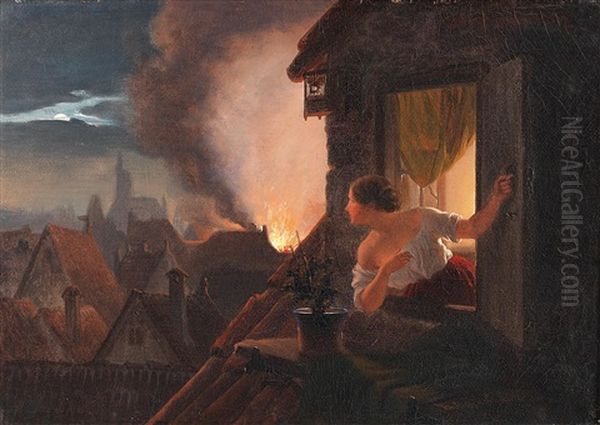 A House Burns Oil Painting by Johann Geyer