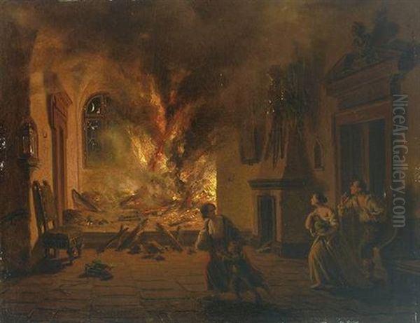 Blick In Einen Brennenden Schlossaal, Im Vordergrund Vor Dem Feuer Fliehende Bewohner Oil Painting by Johann Geyer