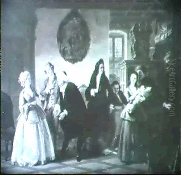 Junges Paar Mit Wickelkind In Der Stube Vor Einem           Kachelofen, ... Oil Painting by Johann Geyer