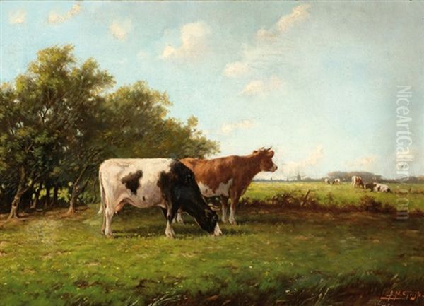 Cows In A Meadow Oil Painting by Adriaan Marinus Geyp