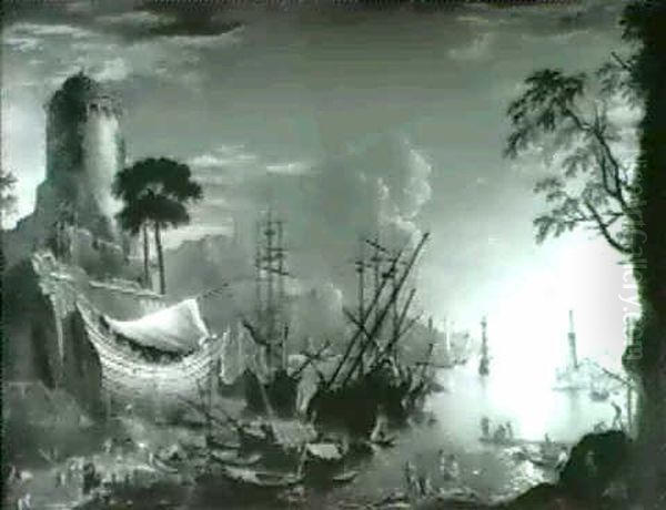 View Of A Boatyard On An Estuary At Sunrise, With Bathing   Figures In The Foreground Oil Painting by Giovanni Gherardini