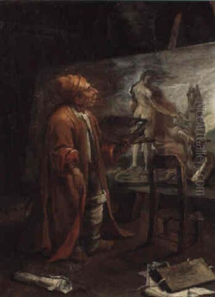 A Caricature Portrait Of The Artist Paolo De'matteis In His Studio Oil Painting by Pier Leone Ghezzi