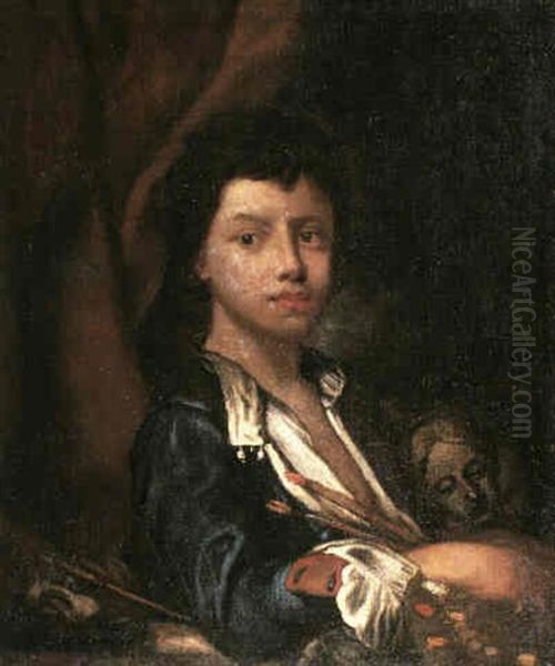 Portrait Of A Young Artist Half Length Before Drapes        Holding Brushes, Palette And A Marble Bust Of A Woman Oil Painting by Vittore Giuseppe Ghislandi (Fra' Galgario)