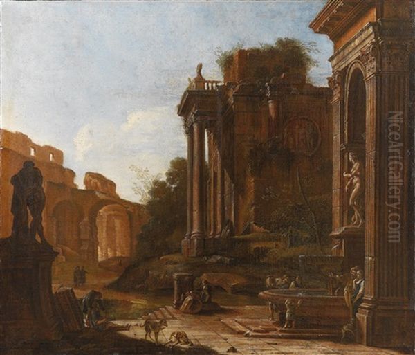 Figuren In Einer Ruinenlandschaft Oil Painting by Giovanni Ghisolfi