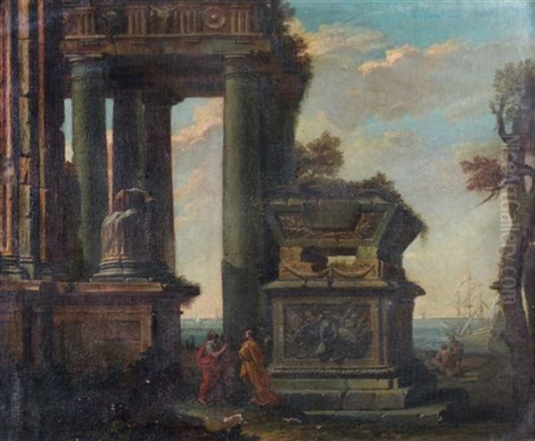 Ruines Antiques Pres D'un Port Mediterraneen (pair) Oil Painting by Giovanni Ghisolfi