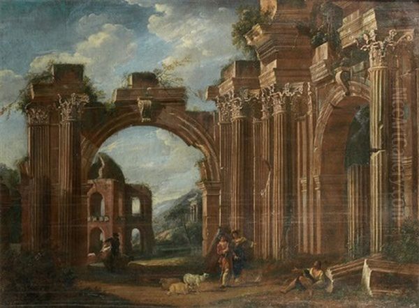 Caprice Architectural Aux Bergers Oil Painting by Giovanni Ghisolfi