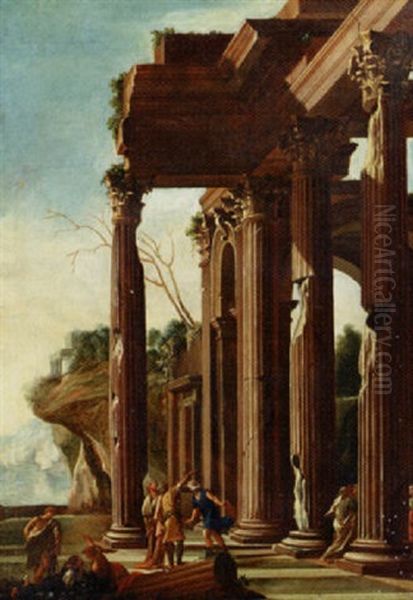 Figures Conversing In The Portico Of An Ruined Temple Oil Painting by Giovanni Ghisolfi