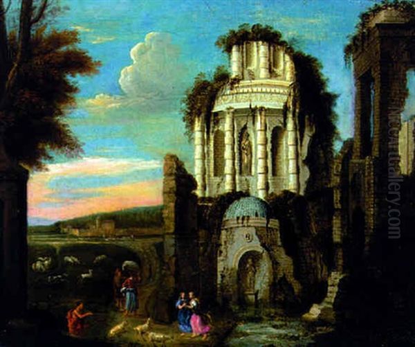 A Classical Landscape With A Shepherd And Peasant Women Before A Ruined Temple Oil Painting by Giovanni Ghisolfi