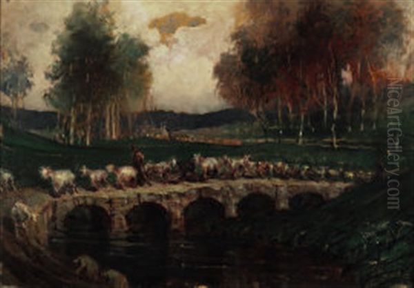 Gregge Sul Ponte Oil Painting by Benedetto Ghivarello