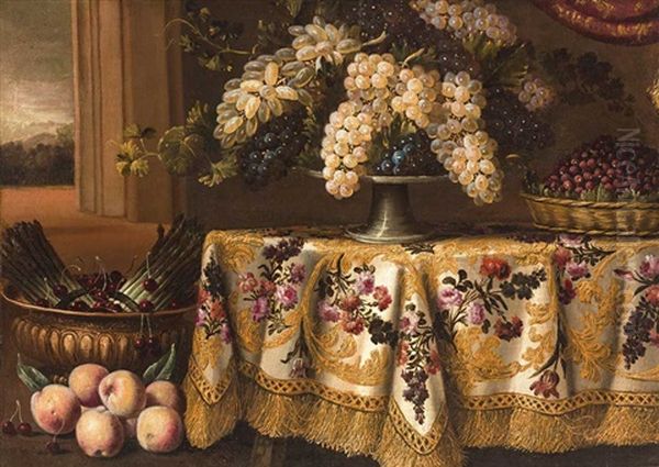 Stilleben Mit Weintrauben Auf Einem Tisch Mit Reich Besticktem Tuch Oil Painting by Antonio Gianlisi