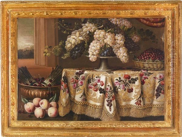 Stillleben Mit Weintrauben Auf Einem Mit Einem Blumenbestickten Tuch Bedeckten Tisch, Daneben Spargelbundel Und Pfirsiche Oil Painting by Antonio Gianlisi