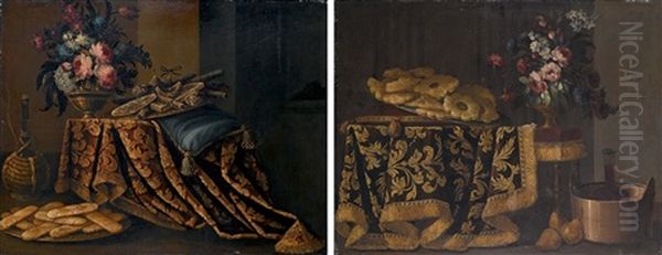 Vaso Di Fiori E Frutta Candita Su Un Piano (+ Vaso Di Fiori E Biscotti Su Un Piano; 2 Works) Oil Painting by Antonio Gianlisi