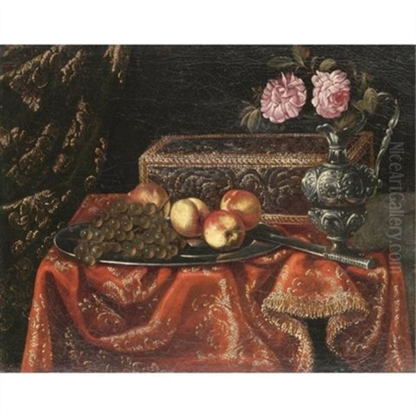 A Still Life With Grapes And Peaches On A Pewter Plate, Together With An Inlaid Coffer And Roses In A Pewter Ewer On A Table Draped With A Red Embroidered Cloth Oil Painting by Antonio Gianlisi
