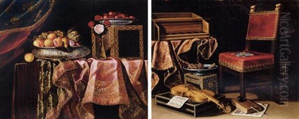 A Still Life Of Fruit And Cherries In Silver Bowls, Flowers In A Vase And A Jewelry Box, All Resting On A Table Draped With An Embroidered Carpet Oil Painting by Antonio Gianlisi