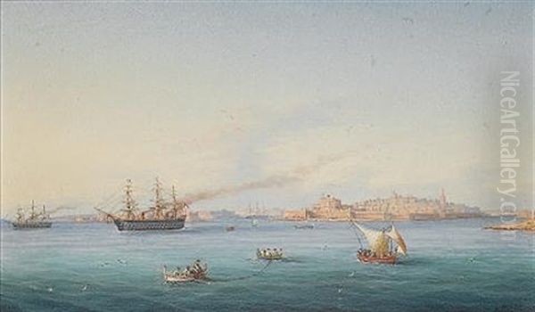 H.m.s. Victoria Amongst Native Craft Off Fort St. Elmo, Valletta, Malta Oil Painting by Girolamo Gianni