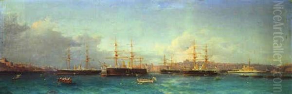 Battleships Of The Mediterranean Fleet Lying In Grand Harbor, Valetta Oil Painting by Girolamo Gianni