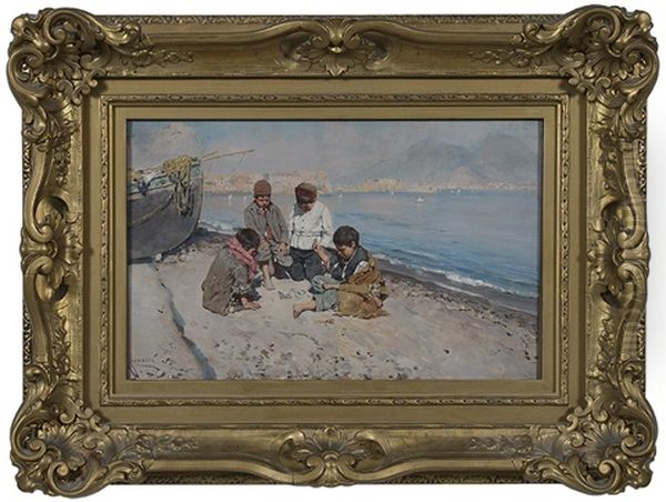 Boys Playing Cards On A Beach Oil Painting by Giuseppe Giardiello