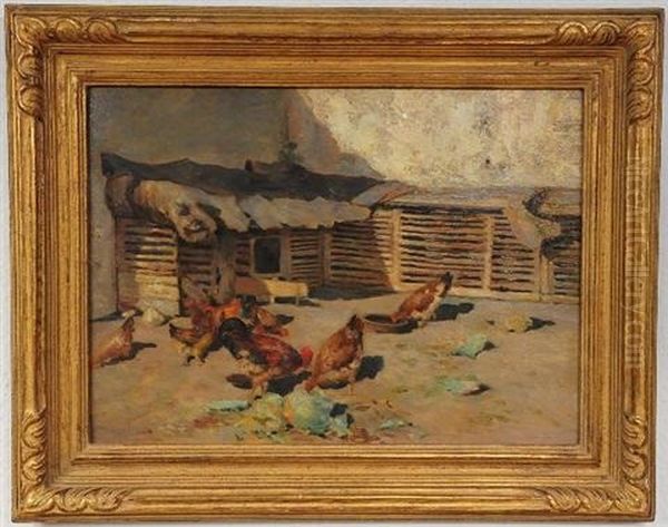 Farm Scene With Chickens Oil Painting by Giuseppe Giardiello