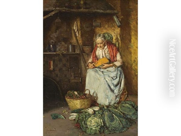 Woman Preparing Food In A Kitchen Oil Painting by Giuseppe Giardiello