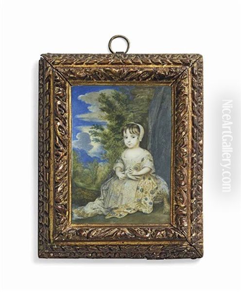 A Young Girl Seated In A Woodland Landscape, In White Dress With Blue And Gold Floral Pattern, Lace Apron, White Bonnet With A Dove On Her Lap... Oil Painting by Richard (Dwarf Gibson) Gibson