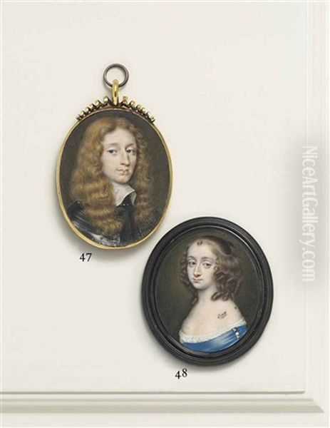 A Young Lady Previously Called Elizabeth Capell, Countess Of Carnarvon (1633-1678), In White Silk-bordered Blue Dress With Jewelled Brooch... Oil Painting by Richard (Dwarf Gibson) Gibson