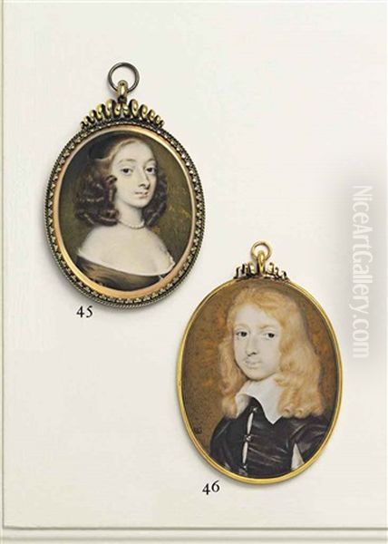 A Young Lady, In Off-the-shoulder Gold Dress Over White Chemise, Pearl Necklace, Her Dark Hair In Ringlets Oil Painting by Richard (Dwarf Gibson) Gibson