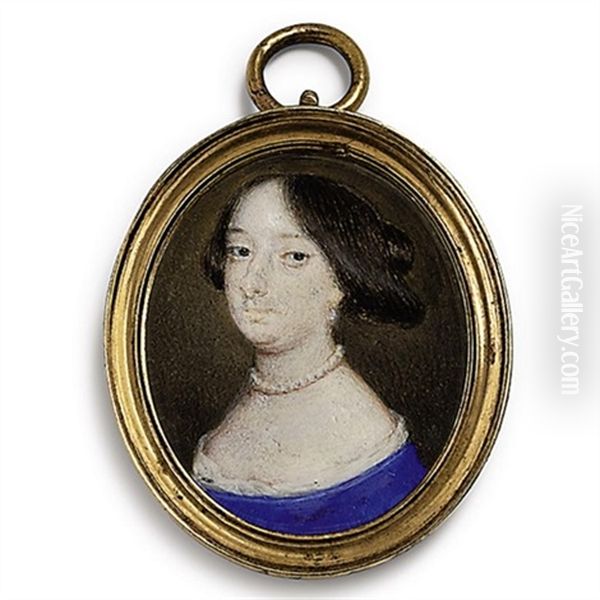 A Lady, In White-bordered Blue Dress, Pearl Necklace, Drop-pearl Earring, Dark Upswept Hair Oil Painting by Richard (Dwarf Gibson) Gibson