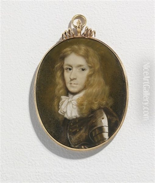 A Young Gentleman, In Plate Armour Comprised Of Cuirass And Spaulders Secured With Gilt Rivets, Elaborately Tied White Linen Cravat Oil Painting by Richard (Dwarf Gibson) Gibson