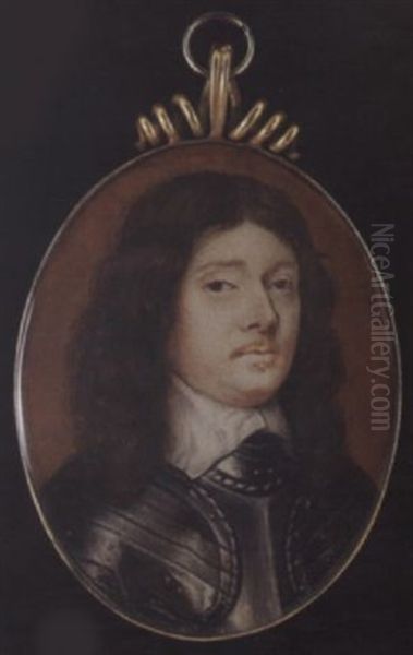 A Gentleman, Wearing Armour With Brass Studs And White Lawn Collar Oil Painting by Richard (Dwarf Gibson) Gibson